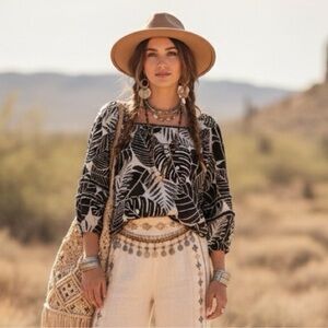 Cynthia Rowley 100% Linen black white botanical Top Cropped Boho Square Neck L